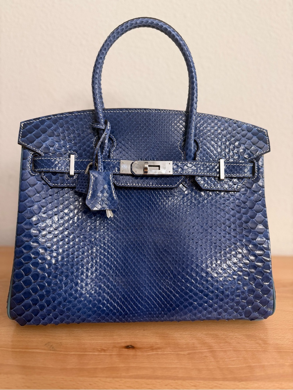 Shiny blue Bleu Saphir genuine Niloticus lizard Birkin PHW handmade 30